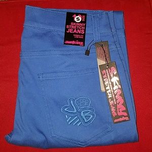 JawBreakeR Blue Stretch Skinny Jeans Embroidered Brass Knuckles on Back Pocket